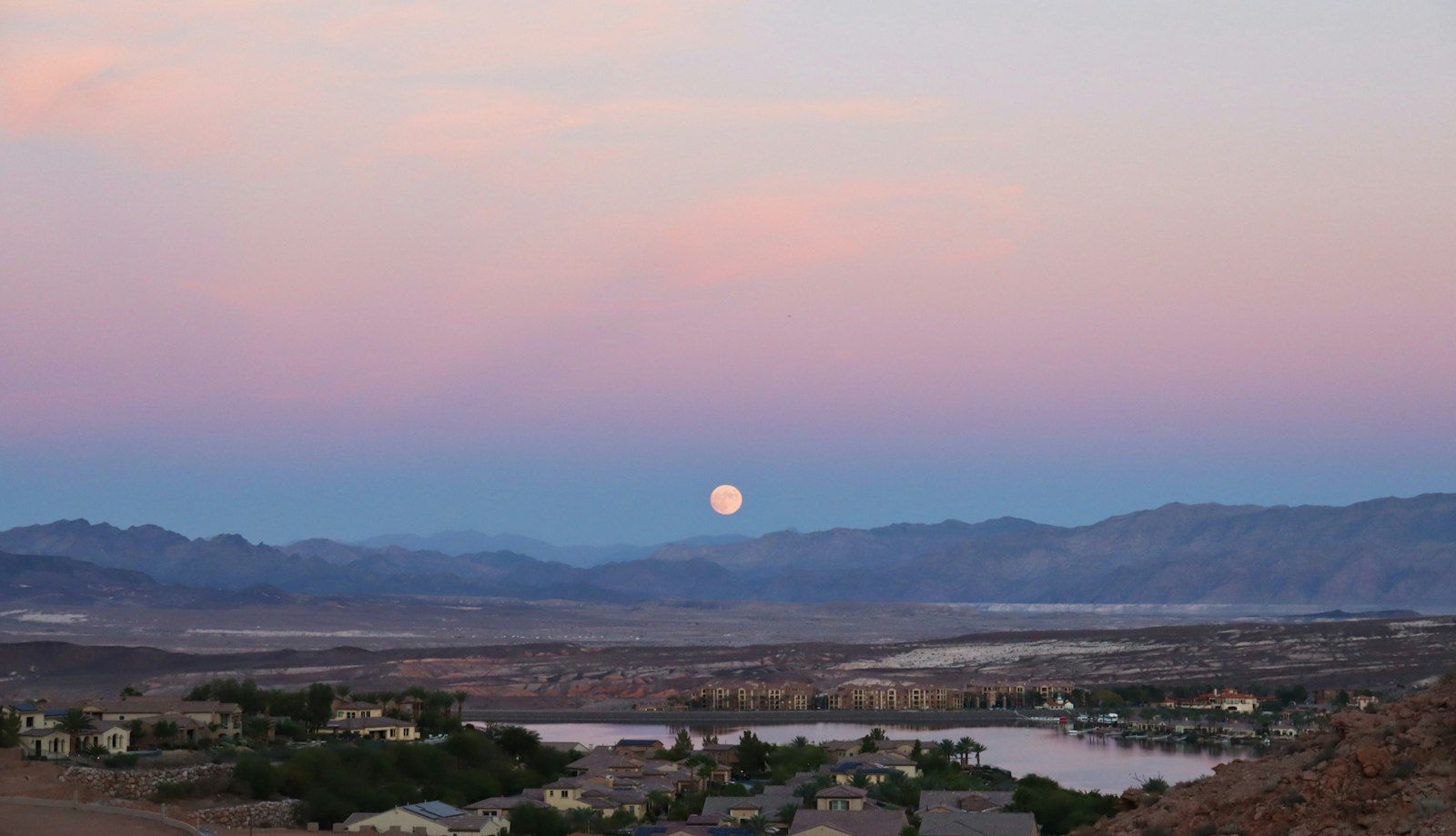 Moonrise over Lake Las Vegas and the surrounding homes in Henderson