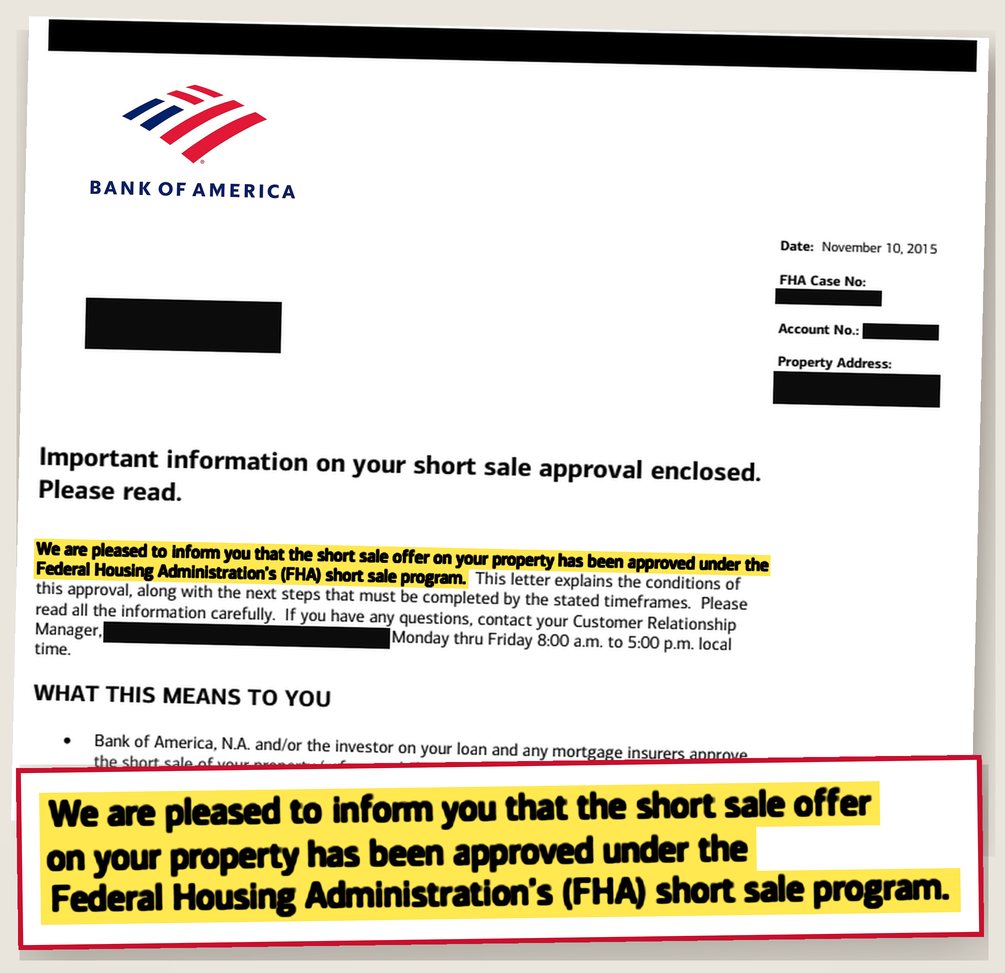 Bank of America letter dated November 10, 2015, stating that the short sale offer on the property was approved under the FHA short sale program. Names, the account number, and the property address are redacted.